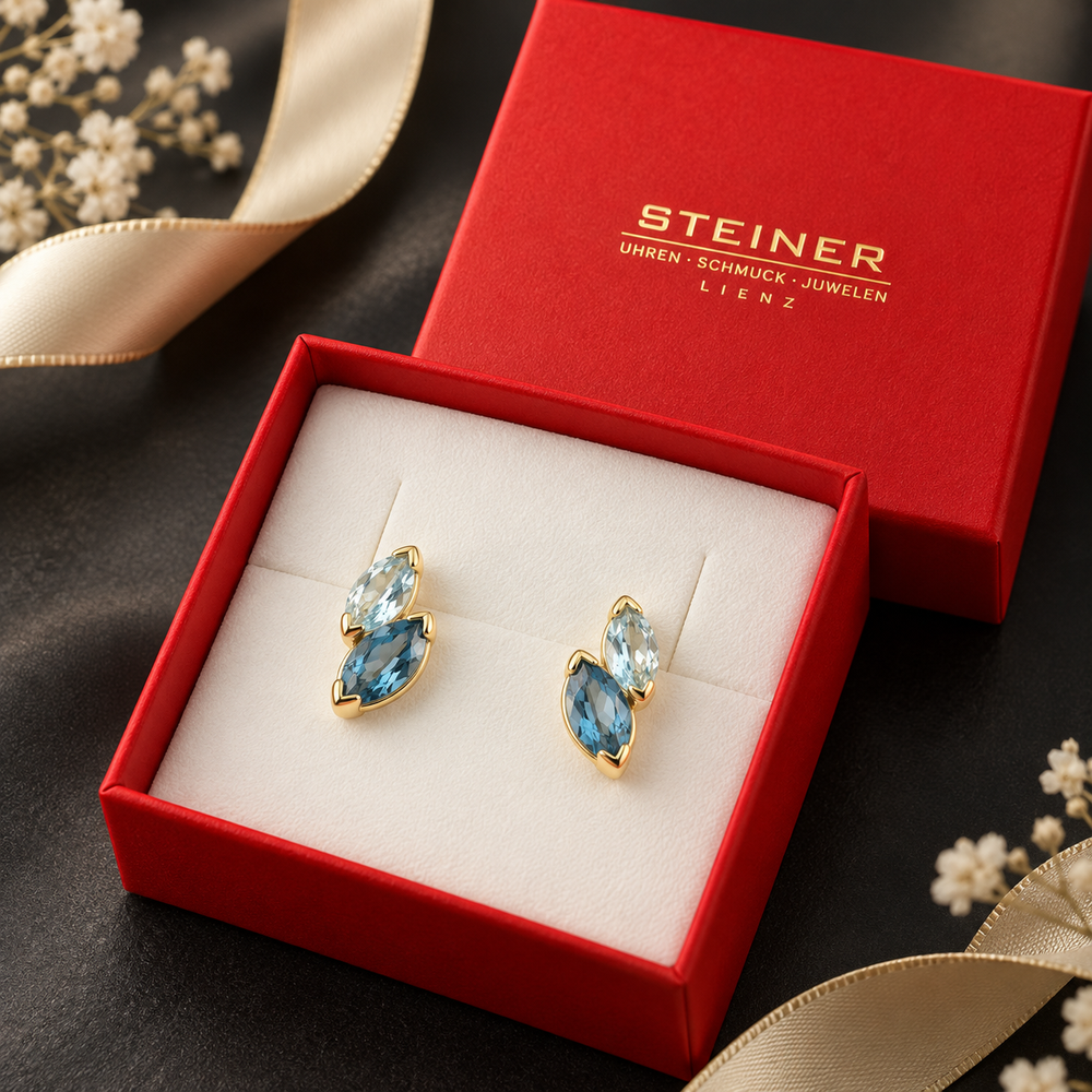 STEINER EXKLUSIV Ohrstecker mit Topas London Blue 585 / 14Kt Gold 113862 – Packaging