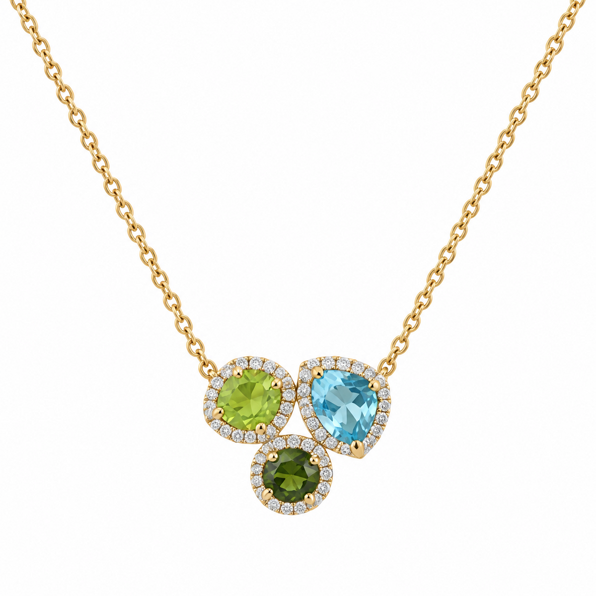 Steiner Exklusiv Collier in 585 Gelbgold mit Peridot, Blautopas, Turmalin und Brillanten