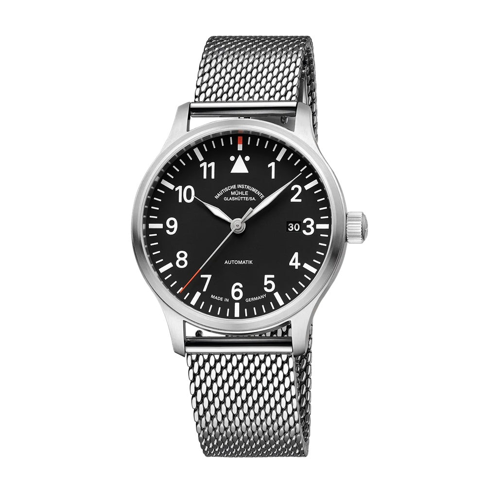 MÜHLE GLASHÜTTE Terrasport II Schwarz Milanaiseband M1-37-44-MB-II Frontansicht weißer Hintergrund