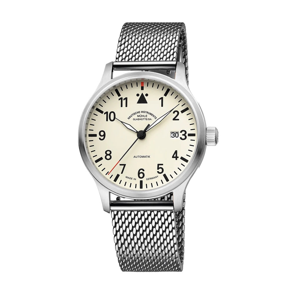 MÜHLE GLASHÜTTE Terrasport II Creme Milanaiseband M1-37-47-MB-II Frontansicht weißer Hintergrund
