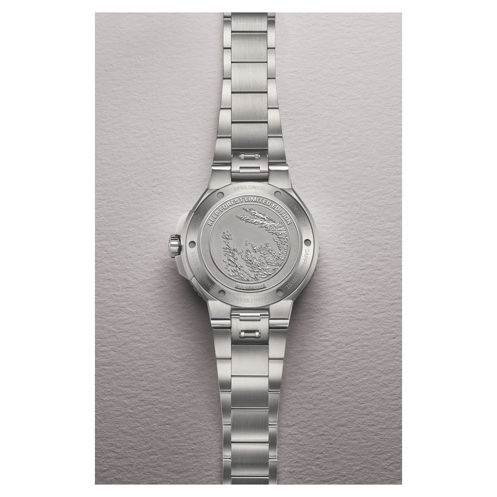 Oris Aquis Kelp Forest Limited Edition – Gehäuseboden und Edelstahlband