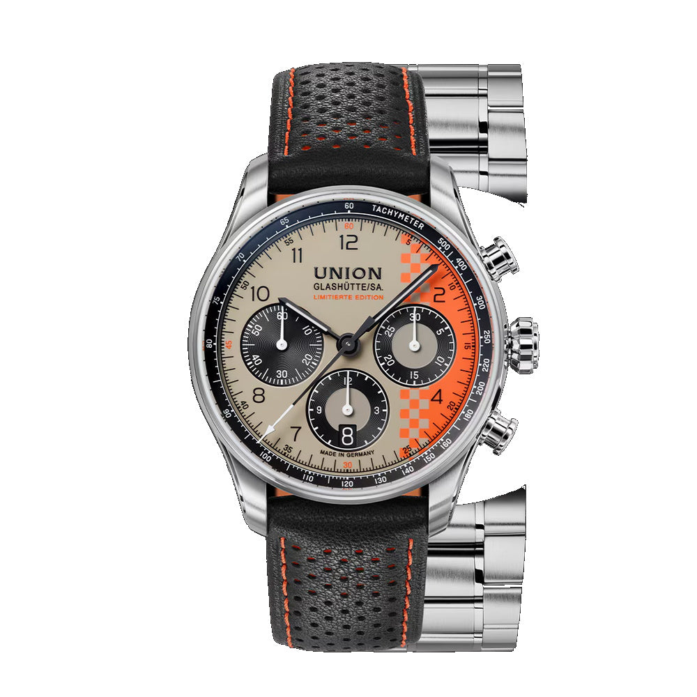 Union Glashütte Belisar Speedster 2026 – Frontansicht mit Leder- und Edelstahlband