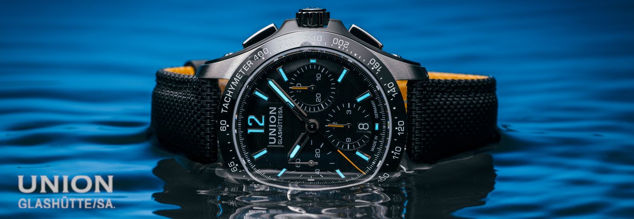 Union Glashütte Banner mit Werbemodell Noramis Chronograph Sport D012.927.18.097.00