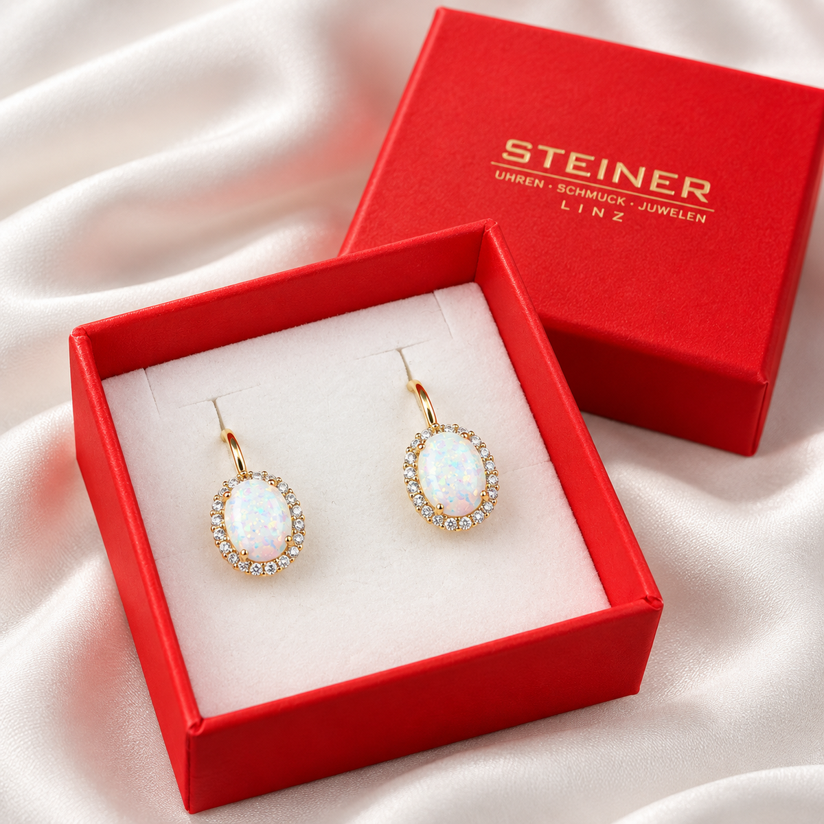 STEINER ESSENTIALS Ohrhänger mit Opalit und Zirkonia 585 / 14Kt Gold 113924 – Packaging