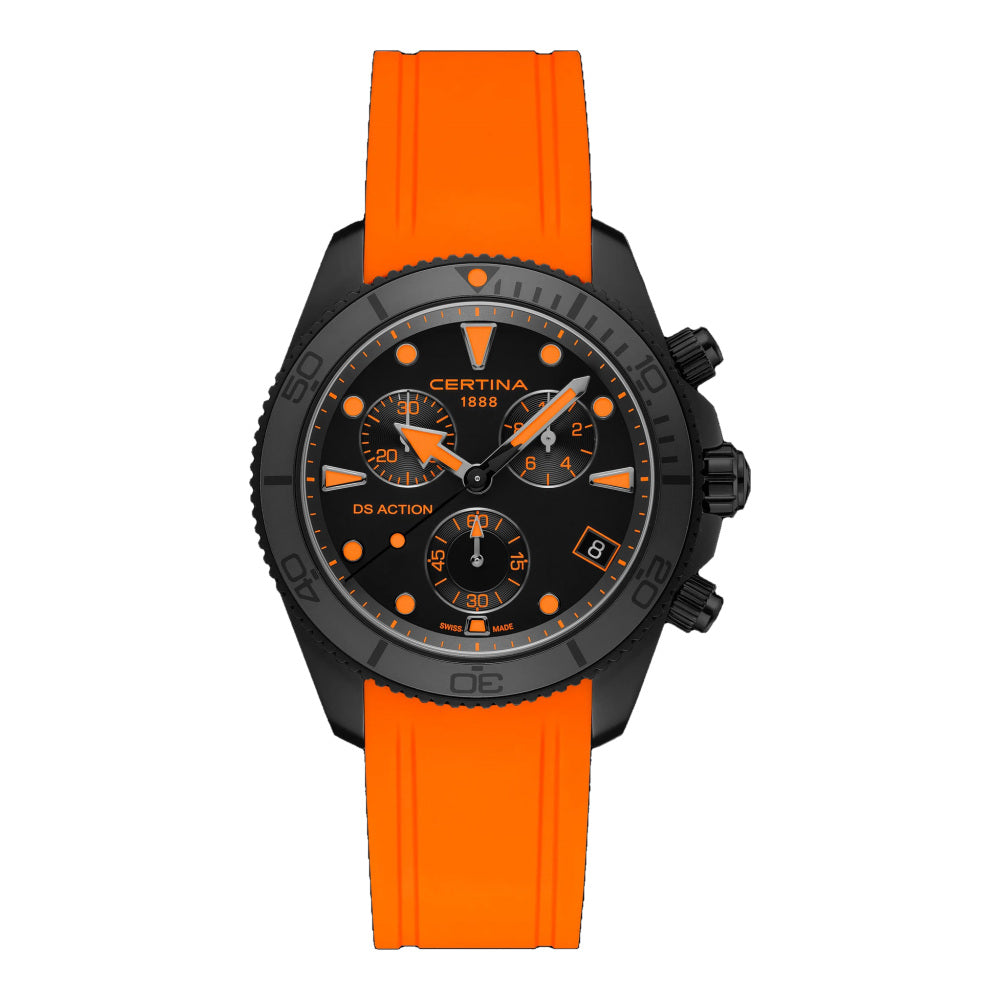 Certina DS Action Chrono orange Vorderansicht auf weißem Hintergrund